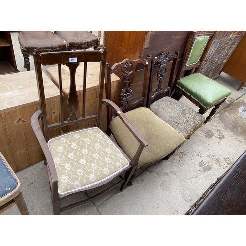 2747 - AN EDWARDIAN MAHOGANY AND INLAID ELBOW CHAIR, TWO EDWARDIAN NURSING CHAIR AND DINING CHAIR