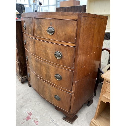 2750 - A 19TH CENTURY MAHOGANY BOWFRONTED CHEST OF TWO SHORT AND THREE LONG DRAWERS