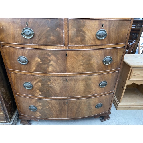 2750 - A 19TH CENTURY MAHOGANY BOWFRONTED CHEST OF TWO SHORT AND THREE LONG DRAWERS