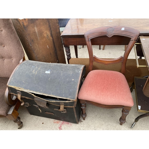 2774 - A MAHOGANY VICTORIAN DINING CHAIR AND DOMED TOP TRUNK