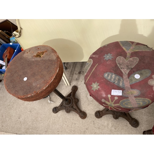 2869A - TWO VINTAGE STOOLS WITH CAST IRON BASES