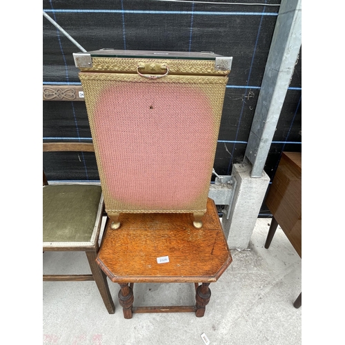 2929 - A LLOYD LOOM STYLE LINEN BOX, OAK BEDROOM CHAIR, SMALL OAK OCCASIONAL TABLE AND DROP-LEAF COFFEE TAB... 