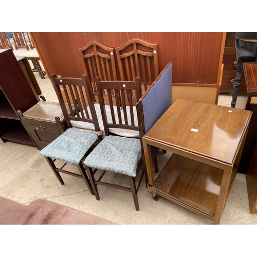 2957 - A FOLDING CARD TABLE, TV TABLE, FOUR EDWARDIAN BEDROOM CHAIRS AND A PIANO STOOL