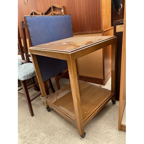 2957 - A FOLDING CARD TABLE, TV TABLE, FOUR EDWARDIAN BEDROOM CHAIRS AND A PIANO STOOL