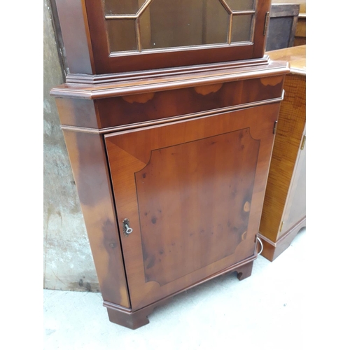 2966 - A YEW WOOD ASTRAGAL GLASED CORNER CUPBOARD