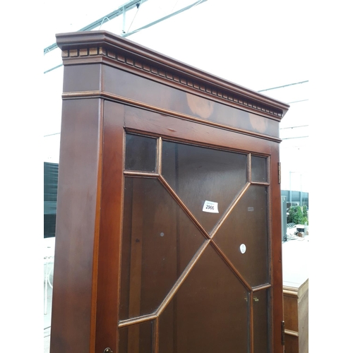 2966 - A YEW WOOD ASTRAGAL GLASED CORNER CUPBOARD