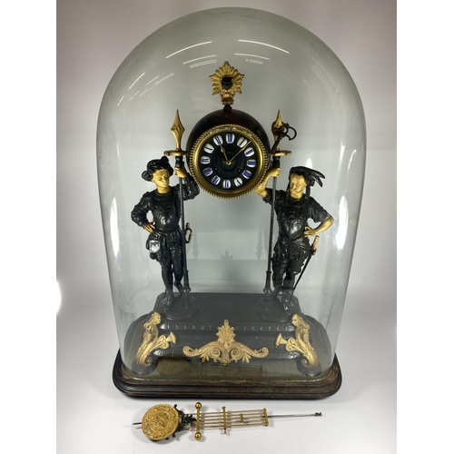 17 - A FRENCH JAPY FERERES SPELTER TWO TRAIN DOMED CLOCK WITH TWIN FIGURAL DESIGN, DOME HEIGHT 64CM, WITH... 