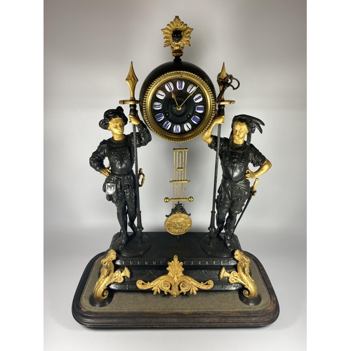 17 - A FRENCH JAPY FERERES SPELTER TWO TRAIN DOMED CLOCK WITH TWIN FIGURAL DESIGN, DOME HEIGHT 64CM, WITH... 