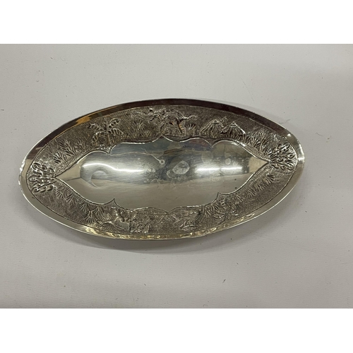 2 - AN ABSTRACT STERLING SILVER OVAL DISH ON NEEDLE FEET, STAMPED TO REVERSE AND DATED CALCUTTA, DECEMBE... 