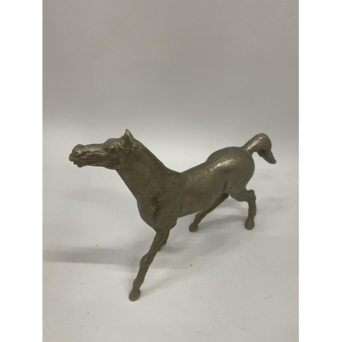 21 - TWO SILVER EFFECT FIGURES TO INCLUDE A HORSE & DONKEY, HORSE LENGTH 28CM