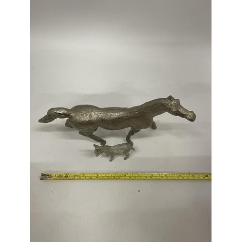 21 - TWO SILVER EFFECT FIGURES TO INCLUDE A HORSE & DONKEY, HORSE LENGTH 28CM