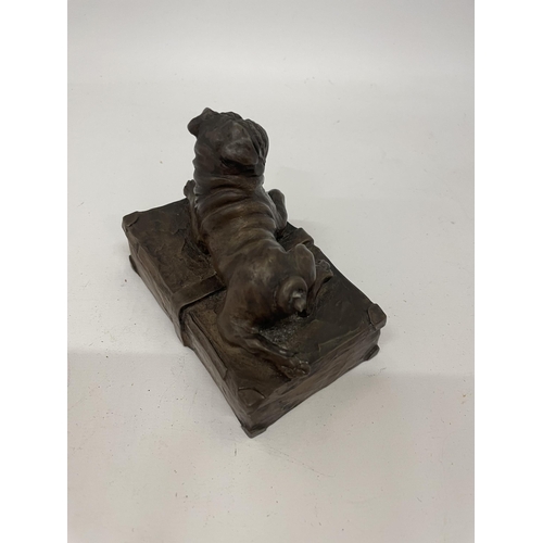 27 - A BRONZE EFFECT HEREDITIES DOG FIGURE, LENGTH 10CM