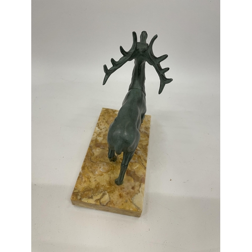 28 - AN ART DECO SPELTER MODEL OF A STAG ON MARBLE BASE