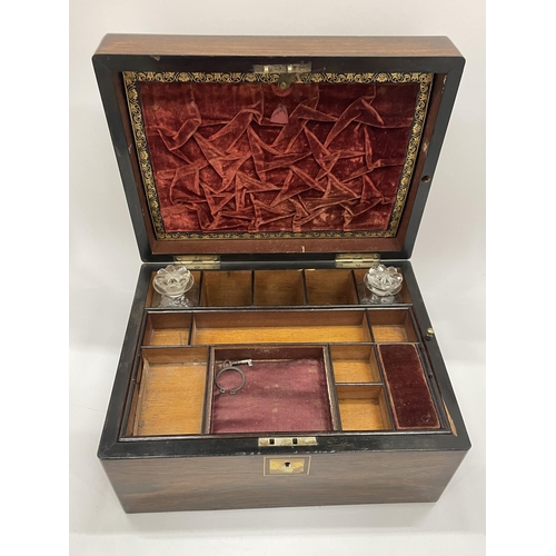 3 - A VICTORIAN ROSEWOOD JEWELLERY BOX WITH MOTHER OF PEARL DESIGN & RED SILK INTERIOR AND SECRET SIDE D... 