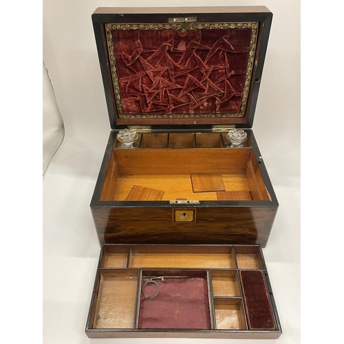 3 - A VICTORIAN ROSEWOOD JEWELLERY BOX WITH MOTHER OF PEARL DESIGN & RED SILK INTERIOR AND SECRET SIDE D... 