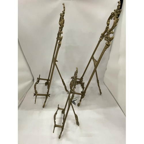 38 - THREE ORNATE VINTAGE BRASS TABLE TOP EASEL DISPLAYS, HEIGHT OF LARGE PAIR 53CM