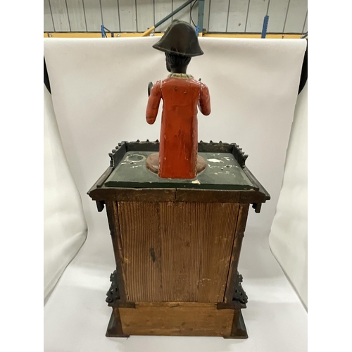 4 - AN EARLY 20TH CENTURY NOVELTY AUTOMATION CARVED DARK OAK MANTLE CLOCK WITH NAPOLEONIC MONKEY FIGURE ... 