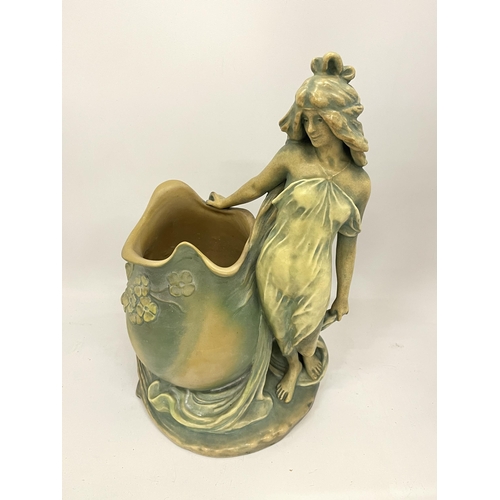 40 - AN ART NOUVEAU STONEWARE FIGURE OF A GIRL, IMPRESSED MARKS TO BASE & SIGNED J.SCHOOP