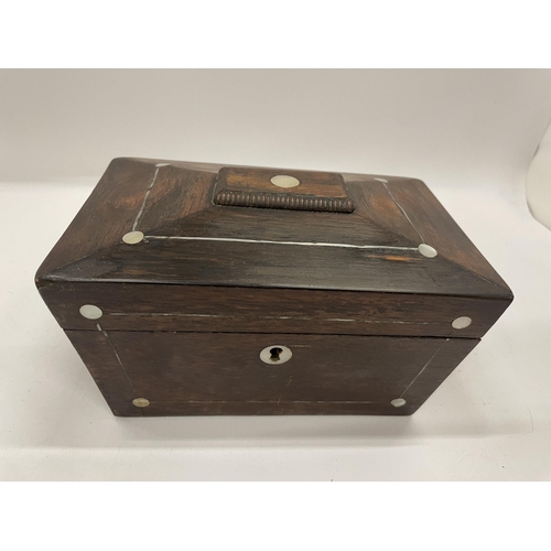 5 - A VICTORIAN ROSEWOOD AND MOTHER OF PEARL TEA CADDY WITH TWO INNER COMPARTMENTS