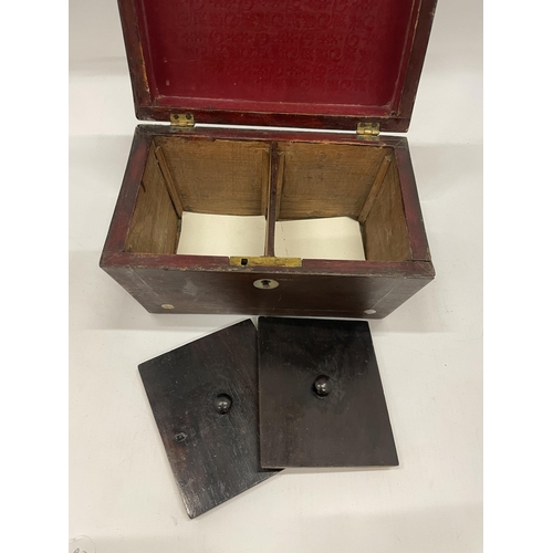 5 - A VICTORIAN ROSEWOOD AND MOTHER OF PEARL TEA CADDY WITH TWO INNER COMPARTMENTS