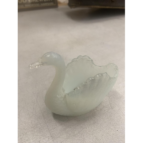 110 - A FRENCH BLUE AND OPAQUE GLASS SWAN HEIGHT 7CM, WIDTH 8CM