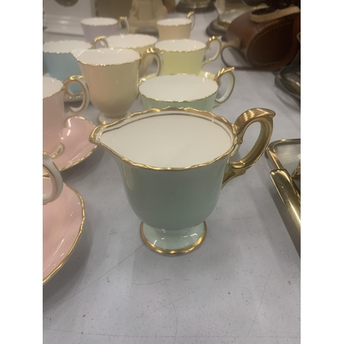 130 - A QUANTITY OF CROWN STAFFORDSHIRE 'HARLEQUIN' CUPS, SAUCERS, CREAM JUGS AND SUGAR BOWL