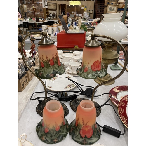 140 - TWO ART NOUVEAU STYLE TABLE LAMPS WITH POPPY LAMP SHADES TO INCLUDE TWO EXTRA SHADES