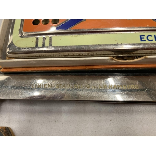 152 - A HOHNER 'ECHO LUXE' VINTAGE HARMONICA PLUS A PAIR OF SCISSORS AND LINIEN-STAUEREI LETTER OPENER BOT... 