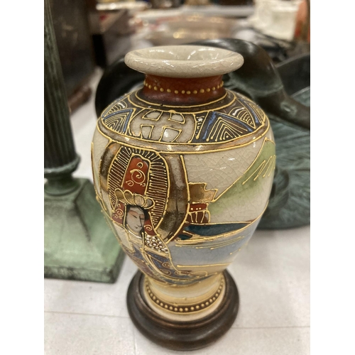 156 - AN ANTIQUE STYLE METAL CANDLESTICK AND DUCK BOWL PLUS AND ORIENTAL STYLE SMALL VASE