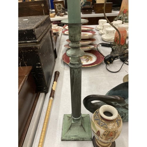 156 - AN ANTIQUE STYLE METAL CANDLESTICK AND DUCK BOWL PLUS AND ORIENTAL STYLE SMALL VASE