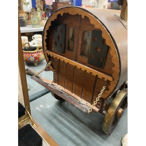 182 - A VINTAGE ROMANY STYLE WOODEN CARAVAN WITH SMALL BUCKET ACCESSORIES PLUS A DAPPLE GREY SHIRE HORSE I... 