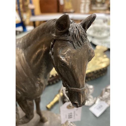 188 - A VINTAGE BRONZE EFFECT MODEL OF A BLACKSMITH WITH HORSE