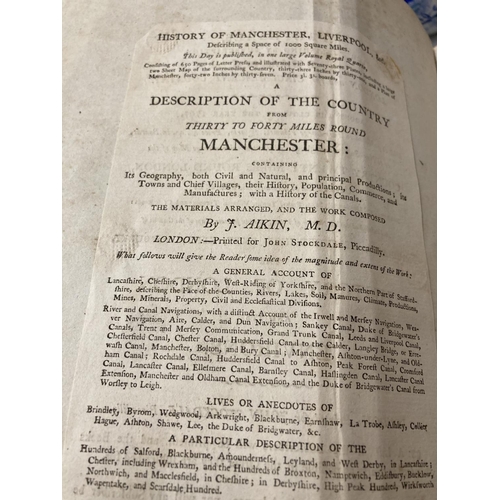 197 - AN ANTIQUARIAN LEATHER BOUND BOOK ON MANCHESTER DATED 1795 BY J AIKIN, PUBLISHED BY JOHN STOCKDALE, ... 