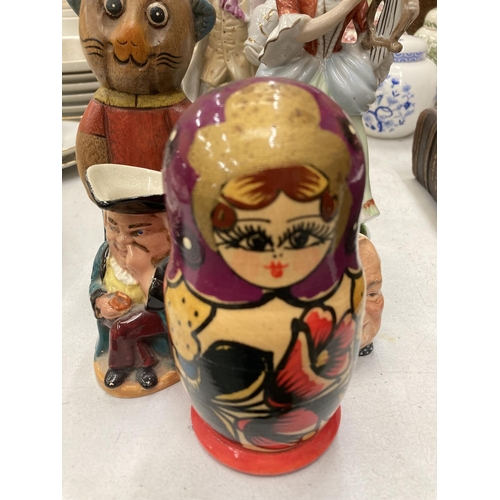 199 - A QUANTITY OF FIGURES TO INCLUDE RUSSIAN DOLLS, LADY FIGURINES, ETC