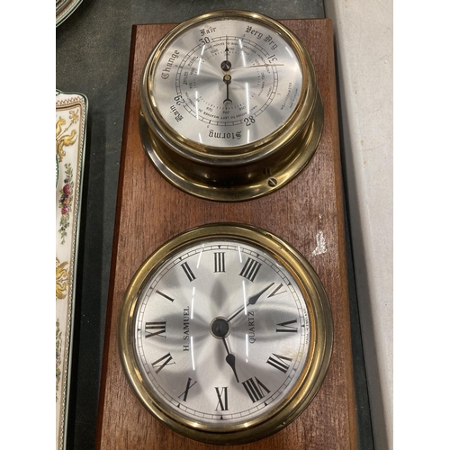 221 - TWO BRASS BAROMETERS AND CLOCKS MOUNTED ON WOODEN PLINTHS