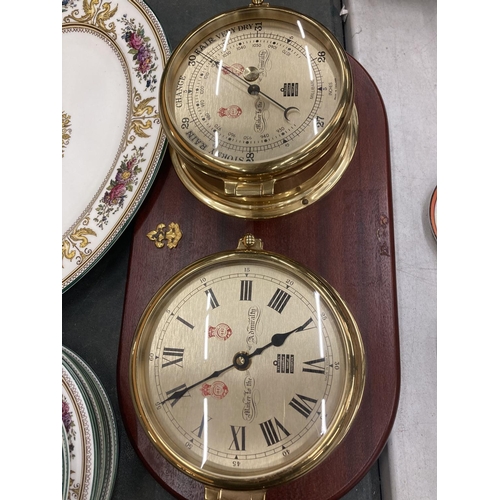 221 - TWO BRASS BAROMETERS AND CLOCKS MOUNTED ON WOODEN PLINTHS