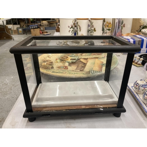 223 - A WOOD AND GLASS DISPLAY CABINET HEIGHT 17CM, WIDTH 22CM, DEPTH 12.5CM