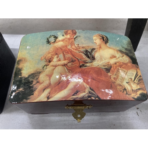 235 - TWO VINTAGE BOXES TO INCLUDE A LACQUERED CLASSICALLY PAINTED ONE PLUS A LEATHER CLAD JEWELLERY BOX