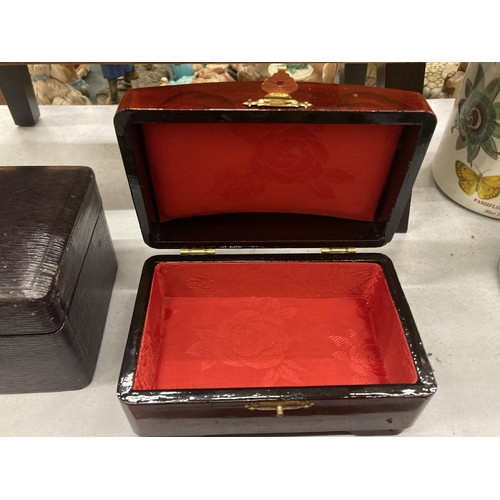 235 - TWO VINTAGE BOXES TO INCLUDE A LACQUERED CLASSICALLY PAINTED ONE PLUS A LEATHER CLAD JEWELLERY BOX