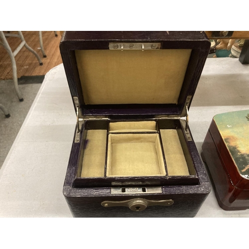 235 - TWO VINTAGE BOXES TO INCLUDE A LACQUERED CLASSICALLY PAINTED ONE PLUS A LEATHER CLAD JEWELLERY BOX