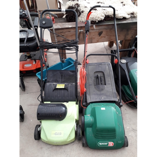 1767 - THREE ITEMS TO INCLUDE A QUALCAST MOWER, A GARDEN GEAR ROTAVATOR AND A SEEDER