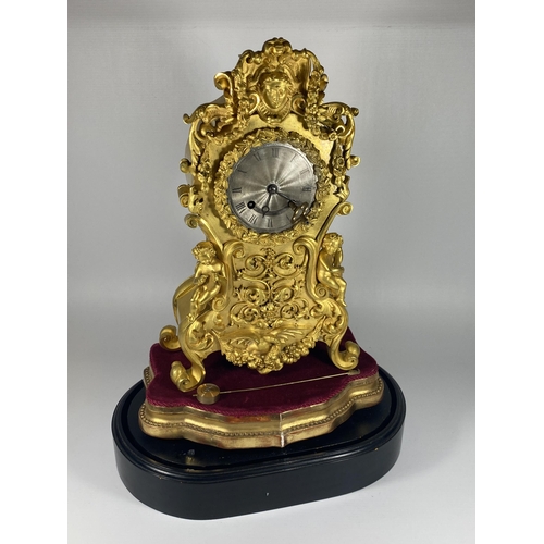 74 - A C.1820-30 YVERIES OF PARIS, FRENCH GILT MANTLE CLOCK WITH GLASS DOME WITH 8 DAY FRENCH MOVEMENT, D... 