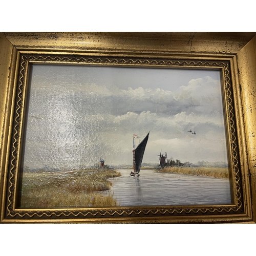 91 - A GILT FRAMED OIL ON BOARD OF A SAILING BOAT, NORFOLK, 20 X 26CM