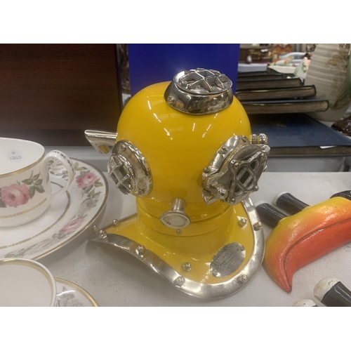 250 - A YELLOW AND CHROME REPLICA DIVERS HELMET