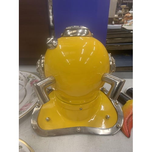 250 - A YELLOW AND CHROME REPLICA DIVERS HELMET