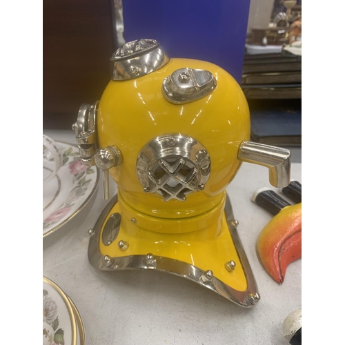 250 - A YELLOW AND CHROME REPLICA DIVERS HELMET