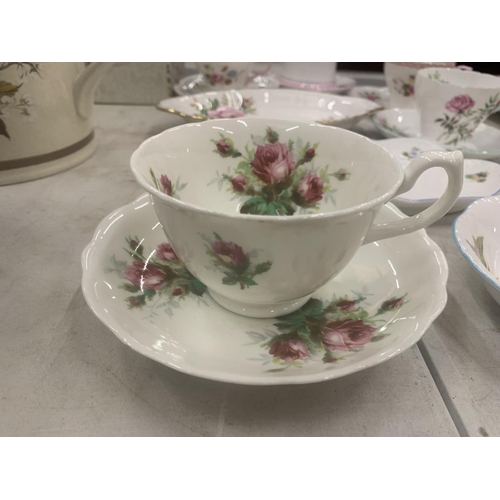 252 - A QUANTITY OF CUPS AND SAUCERS TO INCLUDE SHELLEY, HAMMERSLEY, A ROSLYN CHINA COFFEE POT, SERVING PL... 