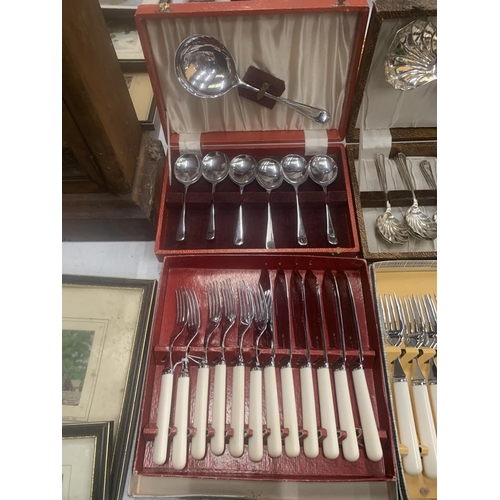 259 - A QUANTITY OF BOXED FLATWARE TO INCLUDE SOUP SPOONS, DESSERT SPOONS, SERVING SPOONS, FISH KNIVES AND... 