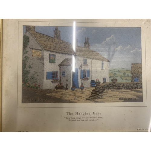 260 - FOUR FRAMEDVINTAGEMACCLESFIELD SILK PICTURES TO INCLUDE 'THE HANGING GATE', SULGRAVE MANOR', 'PRESTB... 