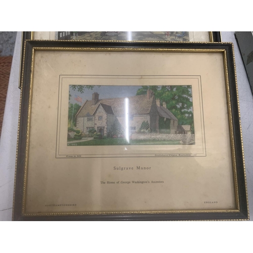 260 - FOUR FRAMEDVINTAGEMACCLESFIELD SILK PICTURES TO INCLUDE 'THE HANGING GATE', SULGRAVE MANOR', 'PRESTB... 